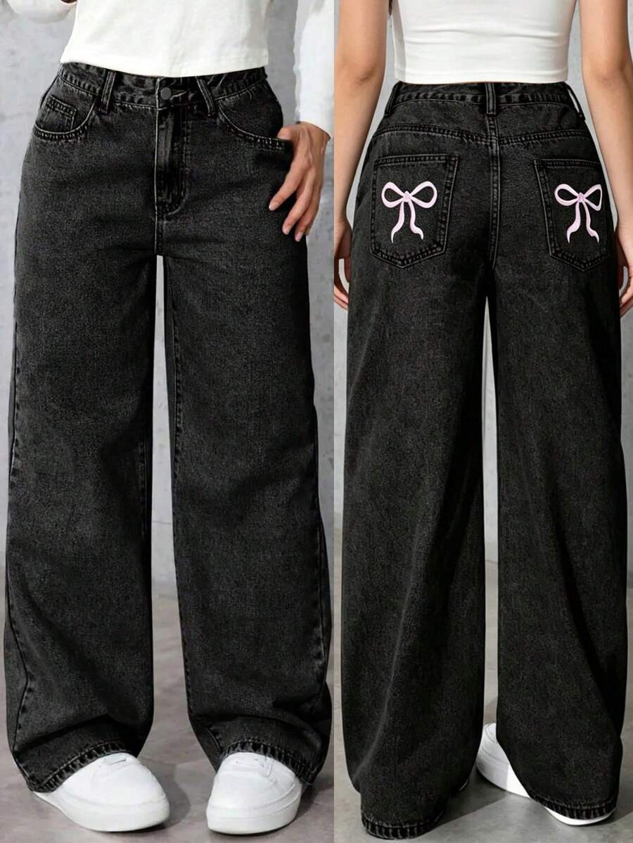 Teen Girls' Loose Versatile Bow Print Denim Wide-Leg Pants - Black - View 1