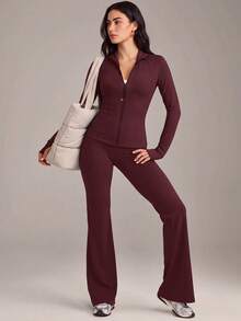 Jaket Olahraga Wanita Slim Fit VUTRU dengan Lubang Jempol dan Kerah Tegak Kecil - Burgundy - View 7