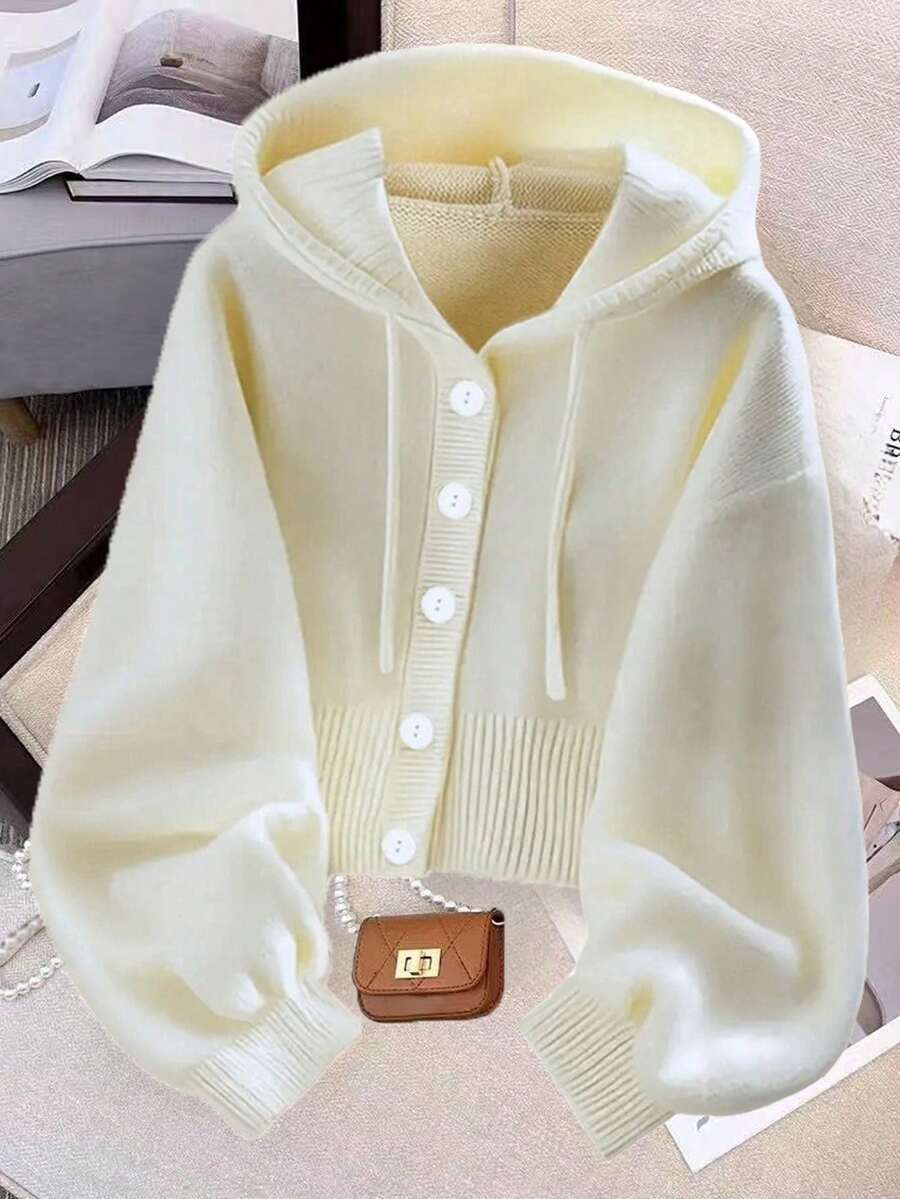 Women's Solid Color Single-Breasted Long-Sleeve Hooded Knit Jacket Yellow Autumn - 米色 - 查看 1