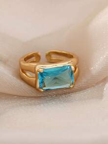 2Pcs/Set Vintage Blue Cubic Zirconia Flower Ring For Women Gold Color Open Ring Wedding Party Jewelry Gift - Multicolor - View 8