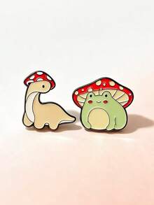 2pcs Cartoon Cute Mushroom Dinosaur Frog Shaped Brooch, Alloy Metal Badge, Clothing Accessory, Bag Decoration - Multicolor - View 4