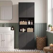 HOMCOM Buffet Haut Cuisine, Armoire de Cuisine, Vaisselier, 4 Portes à Fermeture Douce, 2 Compartiments Ouverts et Étagères Réglables, Meuble de Rangement pour Salon, Salle à Manger, 60x30x170cm, Noir - Noir - Voir 7