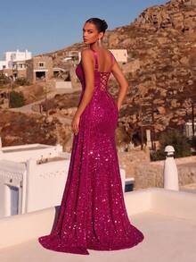 ADYCE Elegant Thick Strap Sequin Boning High Waist High Slit Backless Lace-Up Train Long Evening Gown Wedding Party Fall - Hot Pink - View 2