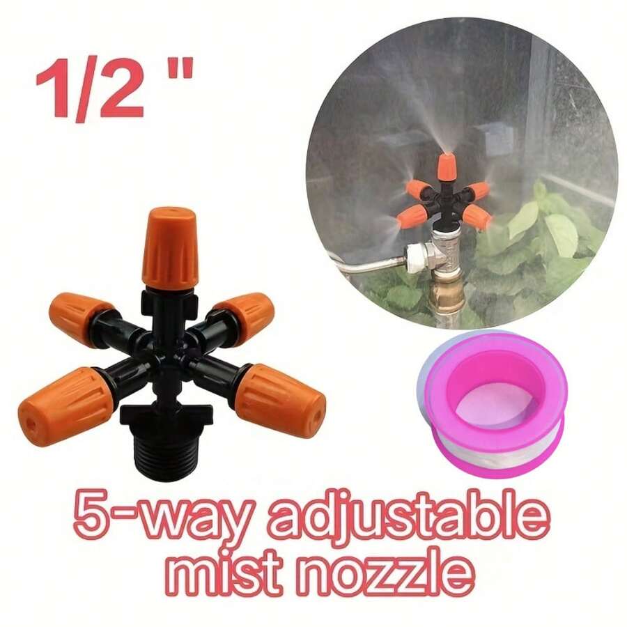 Garden Mist Nozzle, 5-Way Adjustable Spray Head With 1/2 Inch Threaded Connector And Sealing Tape, For Flower Watering, Farm Irrigation, Outdoor Cooling Misting