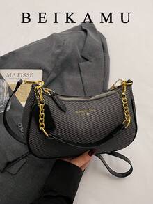1pc Women's Solid Color PU Shoulder Bag, Versatile Underarm Bag For Work Commute, Adjustable Shoulder Strap Crossbody Bag - Black - View 1
