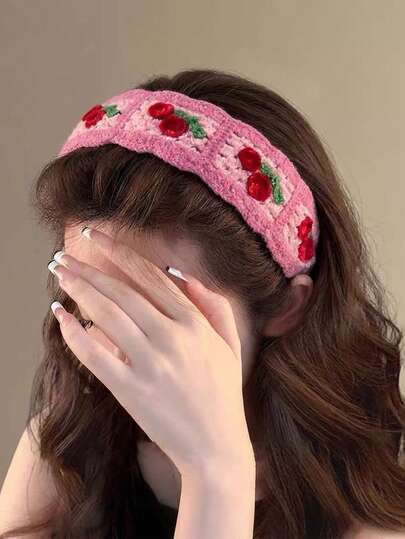 1PC Rustic-Style Cherry Daisy Knit Hook And Loop Headband-A Cute Hair Accessory Perfect For Back-To-School Season And Everyday Fall Outfits