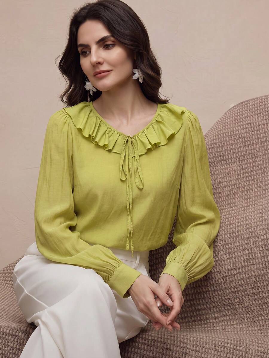 Women's V-Neck Ruffle Green Blouse, Fashion Long Lantern Sleeve Top, Suitable For Various Street And Home Occasions - Lime Green - View 1