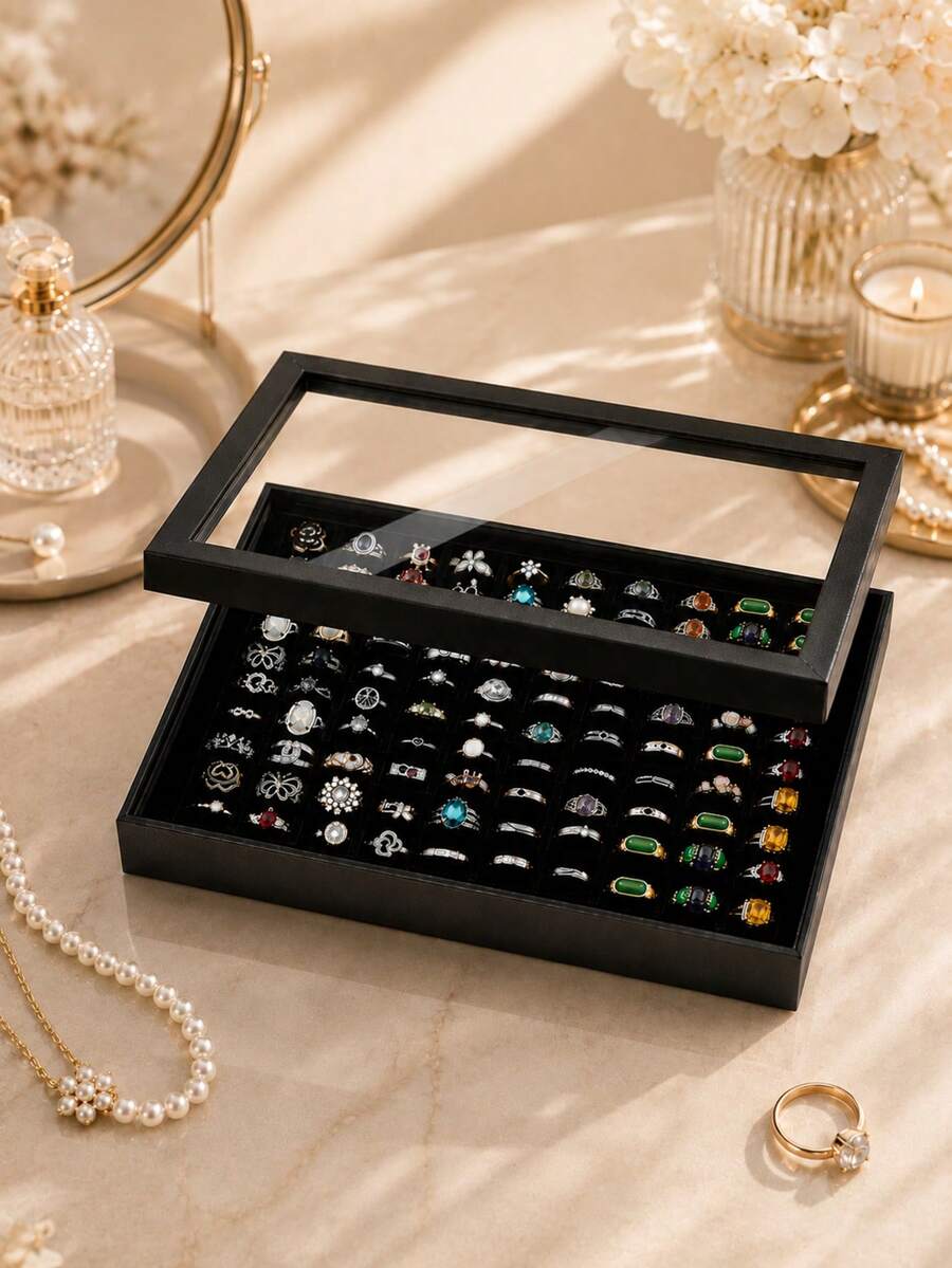 1pc 100-Slot Jewelry Ring Display Box, Large Capacity, Tray-Style Earring Storage & Display Box, Dust-Proof Transparent Storage Box With Clear Cover, Ideal For Storing Earrings, Earrings, Multiple Rings, Drawer Storage And Display,Room Decor - Multicolor - View 1
