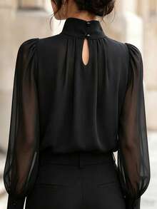 Women Mock Neck Ruched Detail Puff Long Sleeve Elastic Cuff Elegant Office Work Blouse For Daily Wear - Black - View 2