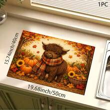 Autumn Highland Cow Print Scarf Pattern Absorbent Mat/Drying Mat/Coaster For Coffee Machine And Tableware - Absorbent Polyester Desktop Protector With Rubber Non-Slip Backing, For Kitchen Countertop Decoration - Home Bar And Dining Table Placemat - Multicolor - View 4