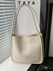 1 pieza Bolso cubo minimalista vintage de unicolor y suave, bolso de hombro de gran capacidad, adecuado para el uso diario casual y desplazamientos de mujeres - Beis - Ver 2