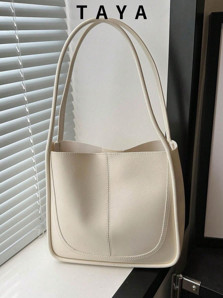 1 pieza Bolso cubo minimalista vintage de unicolor y suave, bolso de hombro de gran capacidad, adecuado para el uso diario casual y desplazamientos de mujeres