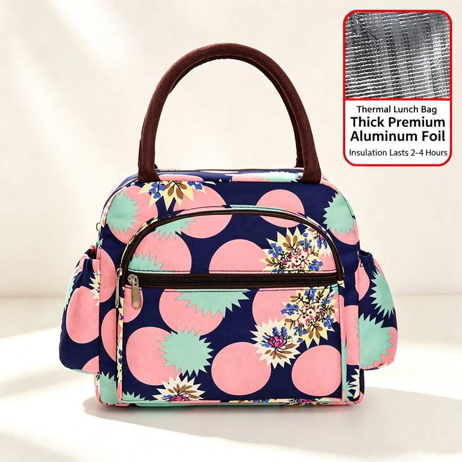 Women's Insulated Lunch Bag, Thickened Oxford Cloth Tote, Large Capacity For Office, Commute, Picnic, Polka Dot Pattern