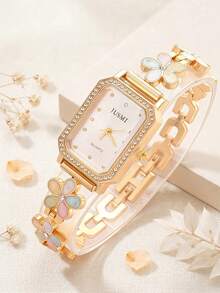 JUSMI 1pc/Set Teen Girls Floral Rhinestone Square Watch, No Box, Elegant Student Wristwatch For School, Holiday, Festival - Gold - View 3