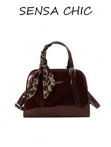 Ins Vintage Maillard Style Glossy Patent Leather Shell Mini Bag, Solid Color Structured Bag With Leopard Print Twisted Scarf, Metal Adjustable Buckle, Minimalist Elegant Girl's Handbag And Crossbody Bag - Burgundy - View 2