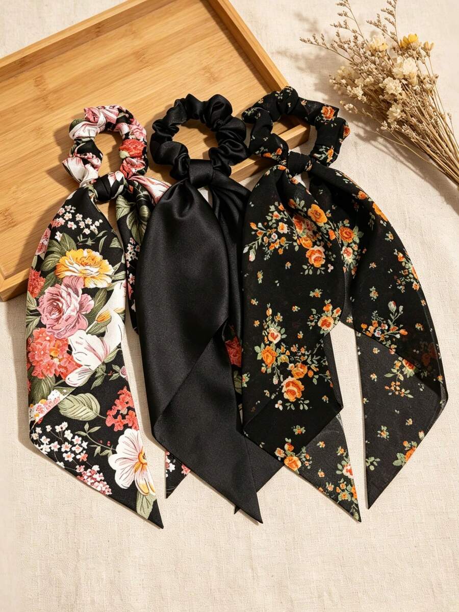 3件組花卉與純色長三角巾髮飾，花朵印花，休閒波希米亞復古宮廷風，派對可愛街頭風，聚酯纖維，四季皆宜