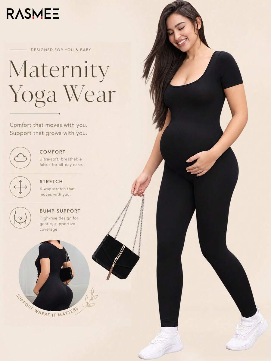 1pc Seamless Maternity Solid Color Short Sleeve Jumpsuit, Knitted Seamless Craft, Perfect Fit To Body Contour Black Summer - Black - View 1