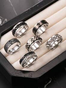 6pcs/Set Men's Stainless Steel Rings, Gothic Style Vintage Jewelry, Rotating Stress Relief Rings, Chain Gear Rings, Hand-In-Hand Pattern Rings, Suitable For Halloween Gifts, Stress Relief And Boredom - Silver - View 2
