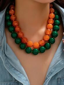 OABE 2pcs/Set Kalung Manik-Manik Berlapis Dua Warna Hijau Dopamin & Oranye Gaya Bohemian untuk Pemakaian Sehari-hari Wanita - MultiWarna - View 2