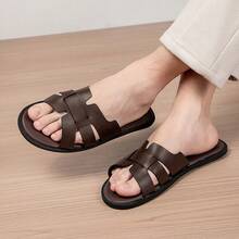 Men's Microfiber Leather Flat Slides Summer Non-Slip Rubber Sole Breathable Beach Sandals - Brown - View 4