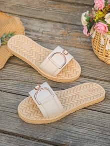 Women's Gold Buckle Woven Embossed Comfortable Lightweight Round Toe Single Strap Beige Flat Slippers Vacation Style Summer Daily Beach Flat Sandals Plus Size - Beige - View 7