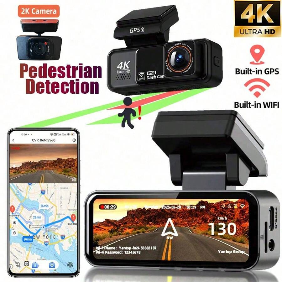 4K Dash Cam, 2160P Car Camera, Mini Dash Cam, 4K Front Camera + 2K Rear Camera (Optional), Built-In GPS And WiFi, 128GB Dash Cam Storage Card (Optional) - Black - View 1