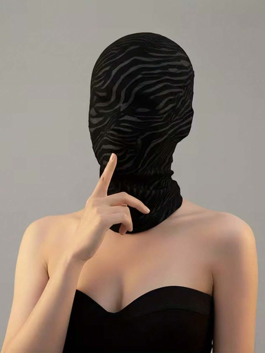 Damaged Full Face Mask | Halloween Adult Cosplay Hoodie, Zebra Print, Semi-Transparent Fabric, Suitable For Role Play Party Costume Props - Black - View 1