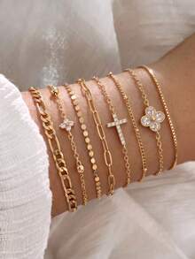 8pcs Luxury INS Rhinestone Flower & Cross Bracelet Set, Hip Hop Personalized Metal Thin Chain Layered Hand Jewelry - 8-piece Set - View 2