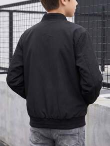 青少年男款素色前開拉鍊飛行夾克,附手臂拉鍊口袋,休閒防風棒球領夾克,適合秋冬穿著 - 黑色 - 查看 4
