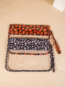 2pcs Halloween Skull & Pumpkin Face Adult Minimalist Envelope Style Translucent PU Makeup Bag, Toiletry Bag, Storage Bag, Gift Packaging (Inner Products Not Included), Suitable For Daily Use, Holidays, Vacations, Business Trips, Party Gifts - Multicolor - View 9