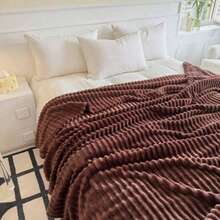 1pc Solid Color Striped Plaid Soft Wool Fleece Blanket, Bedroom Room Decor, All Season Use, Sofa Throw Blanket - Coffee Brown - View 6