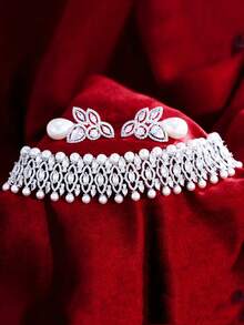 1 Set Luxurious Silver Plated Cubic Zirconia Wide Choker Pearl Necklace And Earrings Wedding Brides Jewelry Set For Women Banquet Party Anniversary Gift - White - View 7