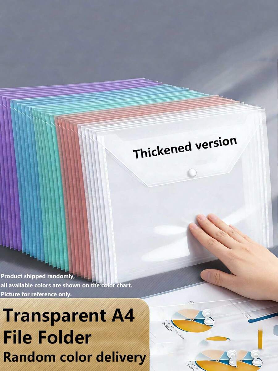 5/10/20/40/60/80pcs Morandi Color A4 Transparent Plastic Snap Button File Bags, 1mm Thick Large Capacity Document Envelopes, Waterproof Exam Paper Bill Storage Folders, Student Office Stationery Organizer Bags, Random Style Sent