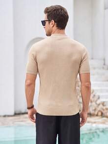 Mercer Haus Men's Summer Fashion Classic Pineapple Textured Half-Turtleneck Short Sleeve T-Shirt, Suitable For Daily Commute And Business Activities - Camel - View 2