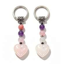 2pcs Handmade Natural Heart-Shaped Jade Stone Keychains, Chinese Vintage Beaded Key Rings, Bohemian Crystal Bag Charms, Lucky Healing Stone Jewelry, Gift For Girls And Women. Each Natural Crystal May Have Slight Color Variation - View 13