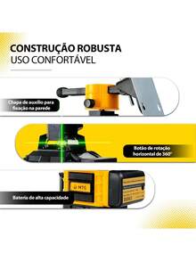 Nível a Laser Verde 4D 16 Linhas 360° Autonivelante com Tripé, Controle Remoto, 2 Baterias 5000mAh e Maleta MTG - Amarelo - Visão 3