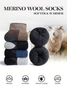 1/5 Pairs Men's Vintage Colorblock Ski Snow Socks, Thickened Sports Terry Warm Mid-Calf Socks With Fleece Lining - Multicolor - View 2