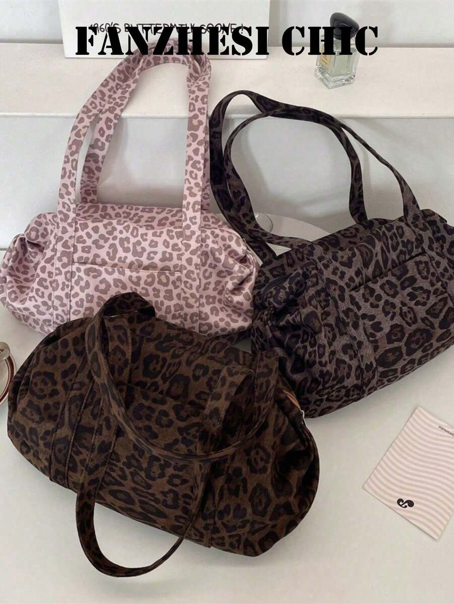 Leopard Print Vintage Pattern Decor, Multi-Compartment Storage Zipper Closure Relaxed Slouchy Tote Bag, Suitable For Personalized Young People Daily Commute, Shopping, Travel, School, Outings, Can Be Carried As Shoulder Bag, Large Capacity - Multicolor - View 1