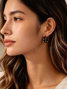 Charm-In 18K Gold Plated Copper Huggie Hoop Earrings For Women, Black Enamel Inlaid Crystal Chunky Earrings, Versatile For Daily Office Party Jewelry - Gold - View 2