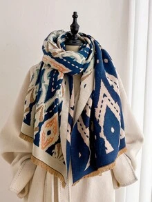 1pc Vintage Rhombus Ikat Pattern 65*180cm Shawl, Heavy Brushed Polyester Imitation Cashmere, Fall Winter Multi-Use Wrap For Trip Gathering - Multicolor - View 8