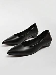 Women's Vintage Brown Pointed Toe Flat Shoes, New French Style Color Block Low Vamp Hidden Height Flat Shoes, All Season - Black - View 5