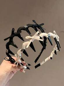 1PC Autumn/Winter Ballet Style Black & White Bow Knot Twisted Jagged Headband, Shiny Rhinestone Non-Slip Hair Hoop, Versatile Hair Accessory For Women's Daily Wear And Party - Multicolor - View 1