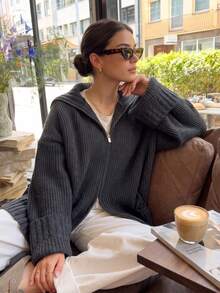 Senya Women's Loose Knit Cardigan Jacket, Zipper Design, Minimalist Casual Autumn/Winter Outfit - Dark Grey - View 2