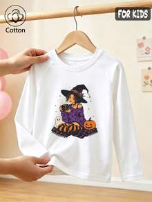 Halloween Girls Cotton Raglan Long Sleeve T-Shirt, Witch Pumpkin Ghost Print, Cute Sweet Preppy Style - White - View 1