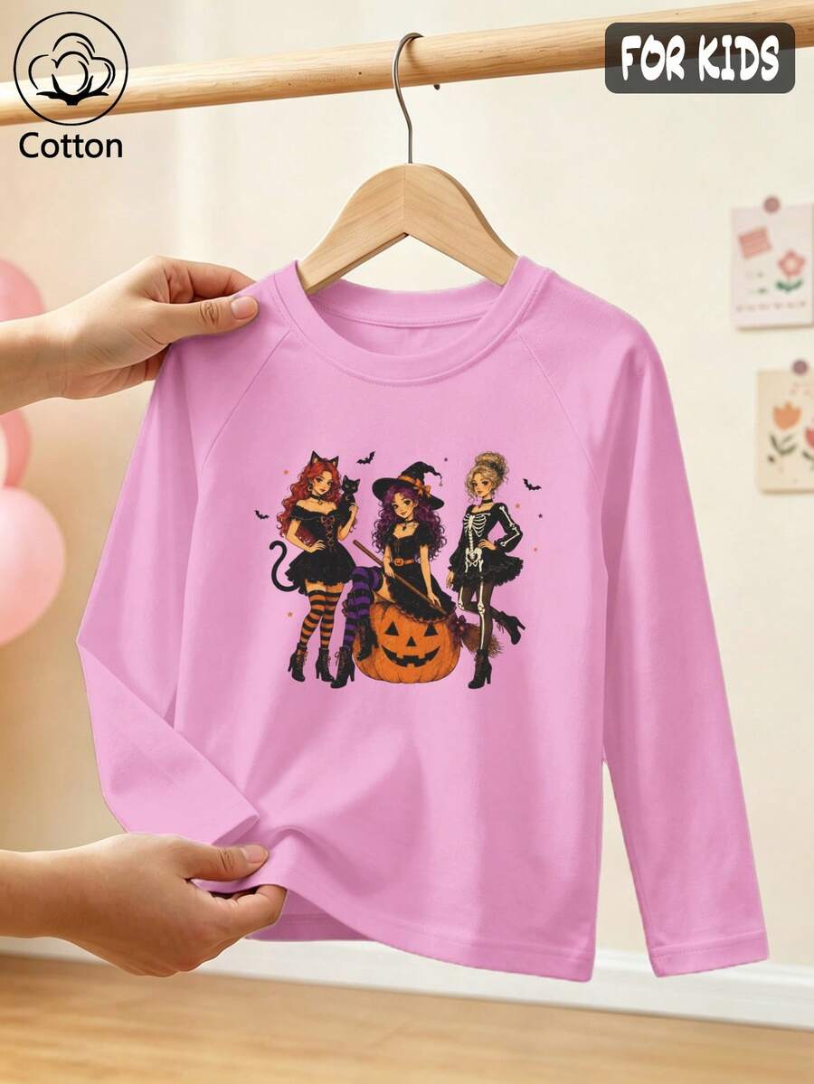 Halloween Girls Cotton Raglan Long Sleeve Tee, Witch Pumpkin Skull Print, Cute Sweet Preppy Style - Light Wine Red - View 1