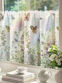 1pc Pastoral Style Butterfly & Floral Print Cafe Short Curtain, Decorative Window Valance For Kitchen, Bedroom - Multicolor - View 6