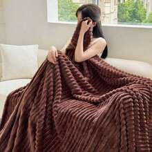 1pc Solid Color Striped Plaid Soft Wool Fleece Blanket, Bedroom Room Decor, All Season Use, Sofa Throw Blanket - Coffee Brown - View 5