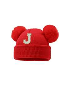 1pc A-Z Letter Double Pom Pom Knitted Hat, Newborn Autumn/Winter Warm & Cold-Proof Hat, Suitable For 0-3 Years Old Baby Daily Wear - Red - View 9