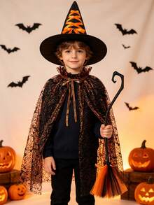 2 Sets Halloween Cape Set Spider Web Mesh Cape Set Witch Hat Witch Broom Set - Multicolor - View 1