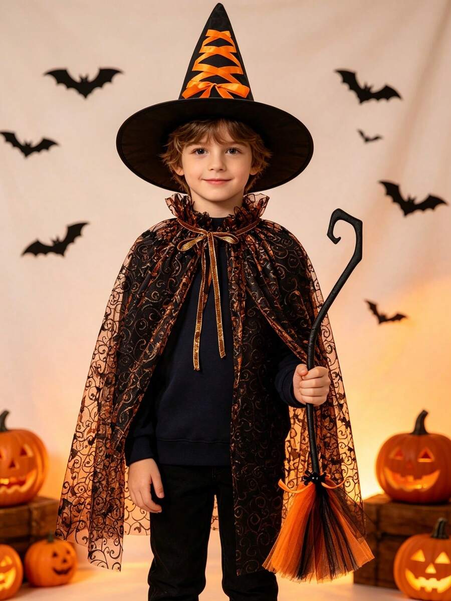 2 Sets Halloween Cape Set Spider Web Mesh Cape Set Witch Hat Witch Broom Set - Multicolor - View 1